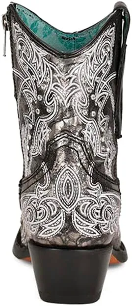Corral Boots Womens Art 21 Crystal Tooled Inlay Snip Toe Casual Boots Ankle Low Heel 1-2" - Black