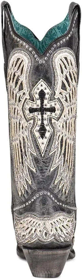 CORRAL LADIE'S BLACK CROSS & WINGS OVERLAY & STUDS, SNIP TOE, LEATHER SOLE, WESTERN, A4232