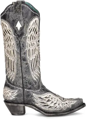 CORRAL LADIE'S BLACK CROSS & WINGS OVERLAY & STUDS, SNIP TOE, LEATHER SOLE, WESTERN, A4232
