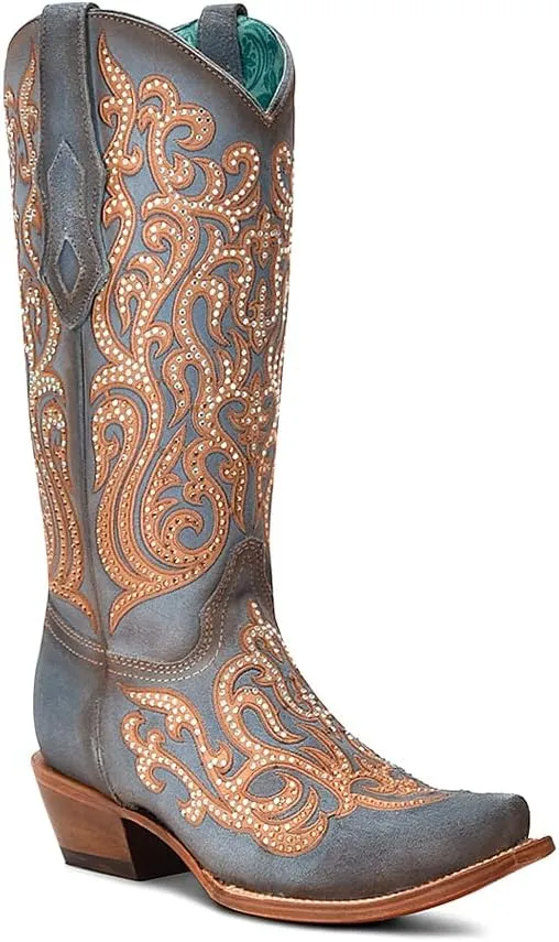 CORRAL LADIE'S BLUE-HONEY OVERLAY & EMBROIDERY & CRYSTALS, LEATHER SOLE, COWHIDE LEATHER, WESTERN BOOTS, C4124