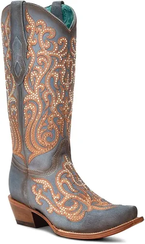 CORRAL LADIE'S BLUE-HONEY OVERLAY & EMBROIDERY & CRYSTALS, LEATHER SOLE, COWHIDE LEATHER, WESTERN BOOTS, C4124