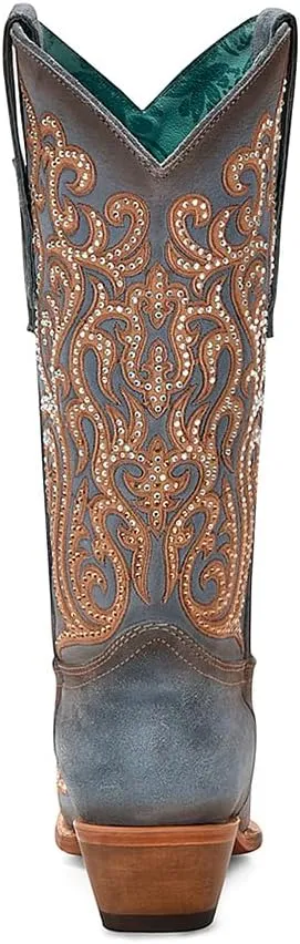 CORRAL LADIE'S BLUE-HONEY OVERLAY & EMBROIDERY & CRYSTALS, LEATHER SOLE, COWHIDE LEATHER, WESTERN BOOTS, C4124