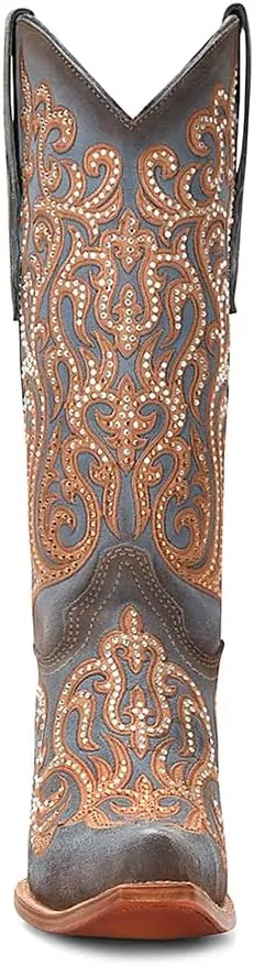 CORRAL LADIE'S BLUE-HONEY OVERLAY & EMBROIDERY & CRYSTALS, LEATHER SOLE, COWHIDE LEATHER, WESTERN BOOTS, C4124