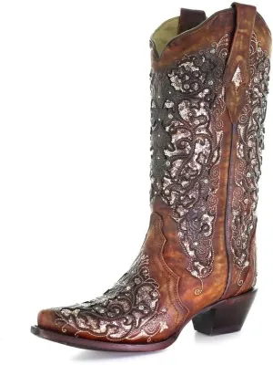 CORRAL LADIE'S COGNAC INLAY & FLOWERED EMBROIDERY & STUDS & CRYSTALS, SNIP TOE, LEATHER SOLE, WESTERN, A3671A