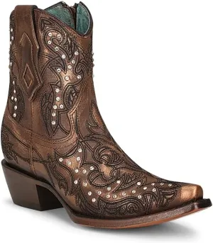 CORRAL LADIES LD BRONZE EMBROIDERY & CRYSTALS ANKLE BOOT, SNIP TOE, LEATHER Sole, 7" Shaft, COWHIDE Leather, WESTERN BOOT, BRONZE C3922 Size