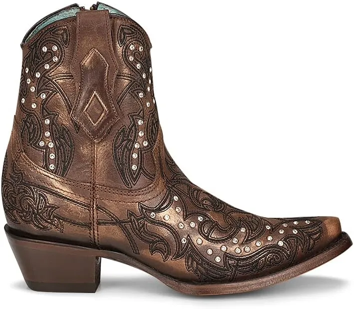 CORRAL LADIES LD BRONZE EMBROIDERY & CRYSTALS ANKLE BOOT, SNIP TOE, LEATHER Sole, 7" Shaft, COWHIDE Leather, WESTERN BOOT, BRONZE C3922 Size