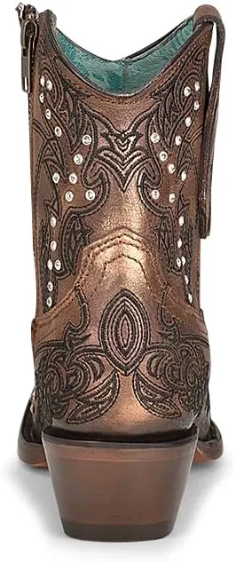 CORRAL LADIES LD BRONZE EMBROIDERY & CRYSTALS ANKLE BOOT, SNIP TOE, LEATHER Sole, 7" Shaft, COWHIDE Leather, WESTERN BOOT, BRONZE C3922 Size