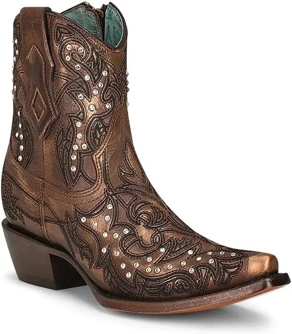 CORRAL LADIES LD BRONZE EMBROIDERY & CRYSTALS ANKLE BOOT, SNIP TOE, LEATHER Sole, 7" Shaft, COWHIDE Leather, WESTERN BOOT, BRONZE C3922 Size