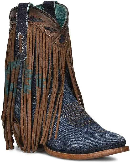 Corral Ladies Ld Brown/Denim Overlay & Embroidery & Studs & Fringes Ankle Boot Pointed Toe, Pointed Toe, Leather Sole, 7" Shaft, Cowhide/Textil Leather, Western Ankle Boot, Brown/Denim Z5154 Size