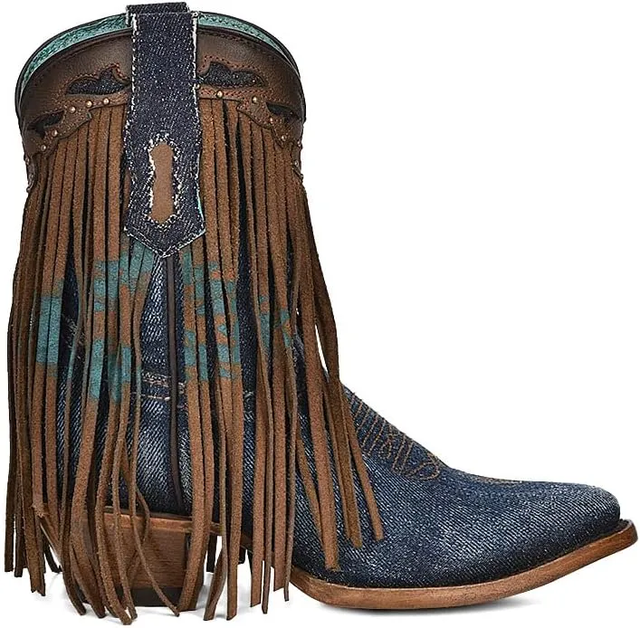 Corral Ladies Ld Brown/Denim Overlay & Embroidery & Studs & Fringes Ankle Boot Pointed Toe, Pointed Toe, Leather Sole, 7" Shaft, Cowhide/Textil Leather, Western Ankle Boot, Brown/Denim Z5154 Size