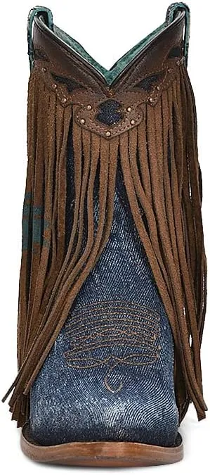 Corral Ladies Ld Brown/Denim Overlay & Embroidery & Studs & Fringes Ankle Boot Pointed Toe, Pointed Toe, Leather Sole, 7" Shaft, Cowhide/Textil Leather, Western Ankle Boot, Brown/Denim Z5154 Size