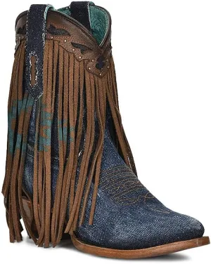 Corral Ladies Ld Brown/Denim Overlay & Embroidery & Studs & Fringes Ankle Boot Pointed Toe, Pointed Toe, Leather Sole, 7" Shaft, Cowhide/Textil Leather, Western Ankle Boot, Brown/Denim Z5154 Size