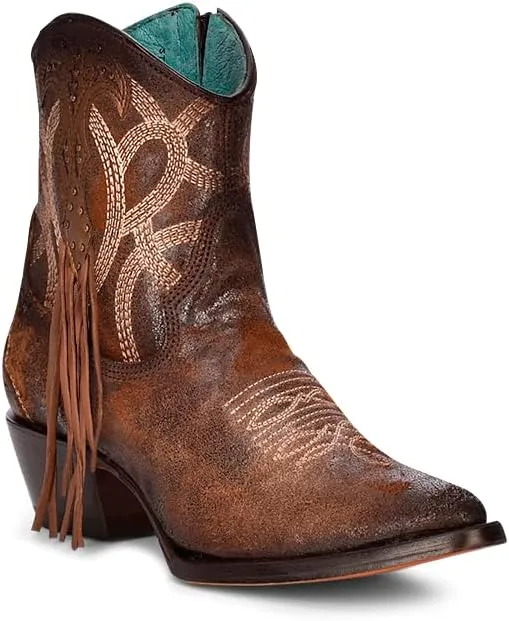 Corral Ladies Ld Cognac Embroidery & Studs & Fringe Ankle Boot Pointed Toe, Pointed Toe, Leather Sole, 7" Shaft, Cowhide Leather, Western Boot, Cognac C3865 Size 9.5