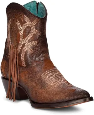 Corral Ladies Ld Cognac Embroidery & Studs & Fringe Ankle Boot Pointed Toe, Pointed Toe, Leather Sole, 7" Shaft, Cowhide Leather, Western Boot, Cognac C3865 Size 9.5