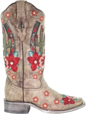 CORRAL LADIE'S TAUPE CACTUS OVERLAY & FLOWERED EMBROIDERY SQ. TOE, LEATHER SOLE, WESTERN A3769