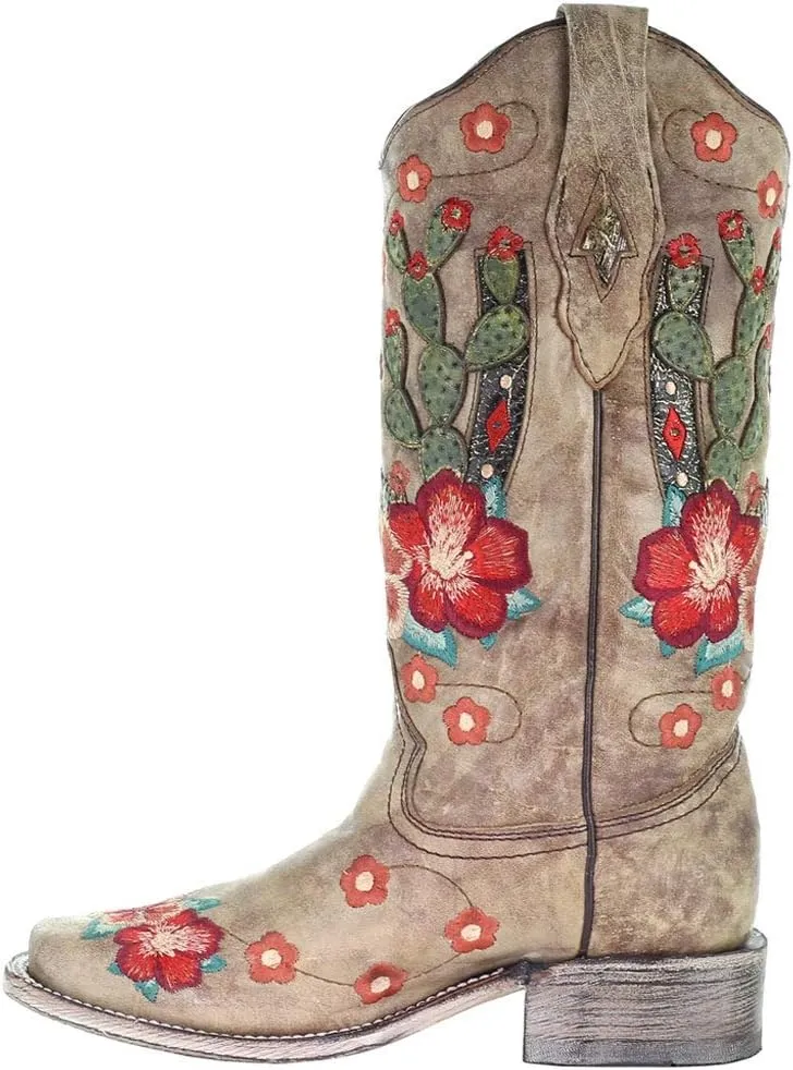 CORRAL LADIE'S TAUPE CACTUS OVERLAY & FLOWERED EMBROIDERY SQ. TOE, LEATHER SOLE, WESTERN A3769
