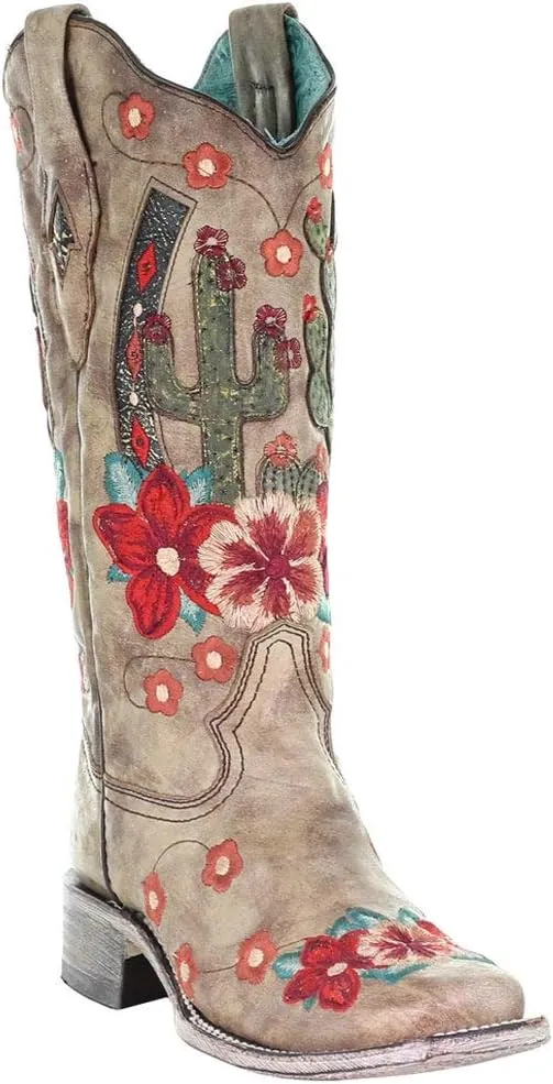 CORRAL LADIE'S TAUPE CACTUS OVERLAY & FLOWERED EMBROIDERY SQ. TOE, LEATHER SOLE, WESTERN A3769