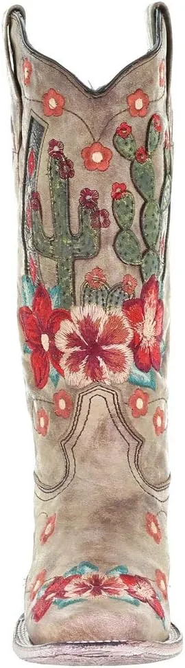 CORRAL LADIE'S TAUPE CACTUS OVERLAY & FLOWERED EMBROIDERY SQ. TOE, LEATHER SOLE, WESTERN A3769