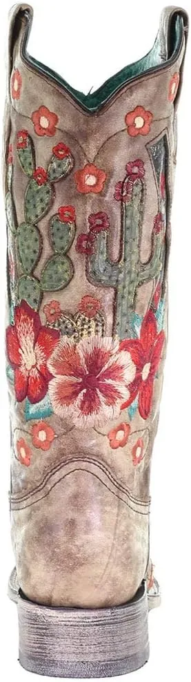 CORRAL LADIE'S TAUPE CACTUS OVERLAY & FLOWERED EMBROIDERY SQ. TOE, LEATHER SOLE, WESTERN A3769