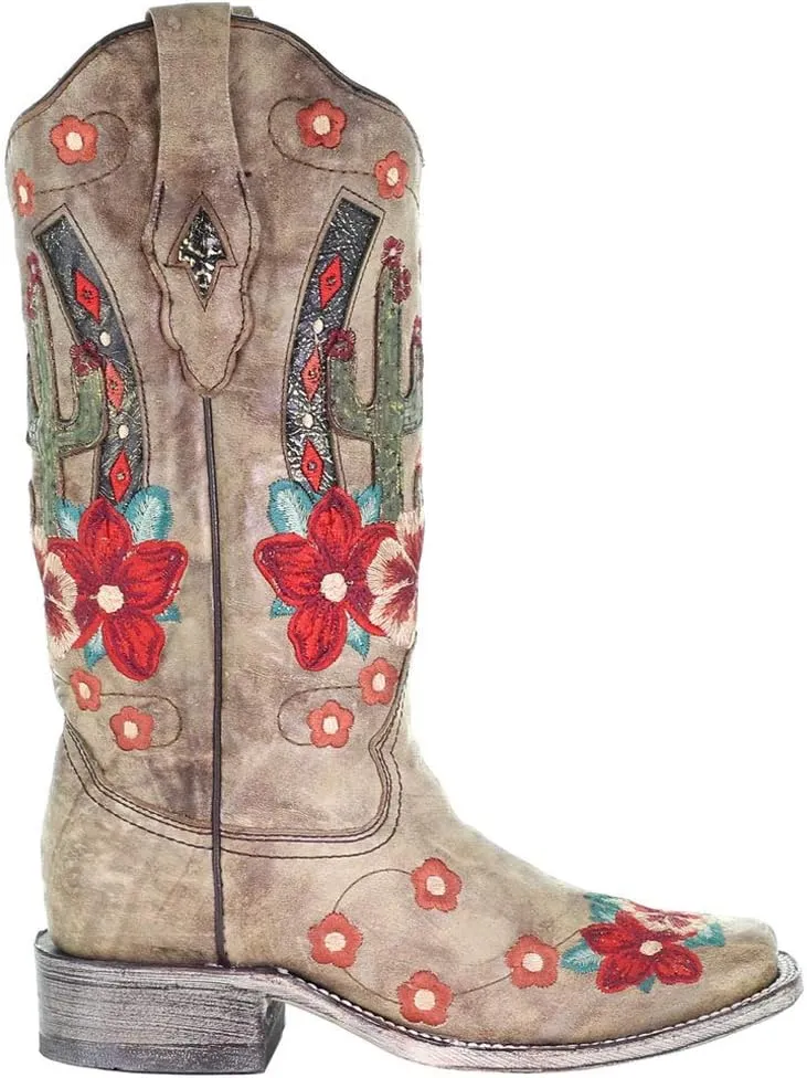 CORRAL LADIE'S TAUPE CACTUS OVERLAY & FLOWERED EMBROIDERY SQ. TOE, LEATHER SOLE, WESTERN A3769