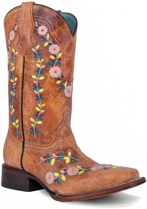 CORRAL TEEN'S HONEY FLORAL EMBROIDERY SQ TOE GLOW COLLECTION, CORRAL 43.8 X 34.8 X 11.0 SOLE,COWHIDE LEATHER, WESTERN BOOT, T0161