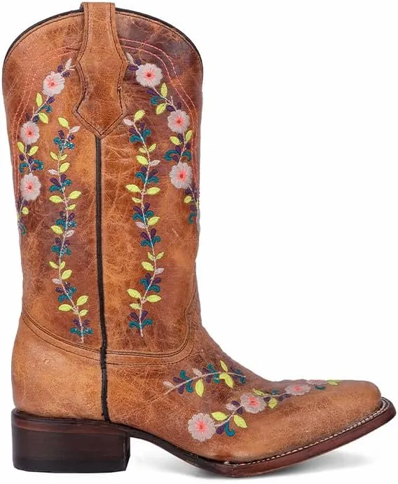 CORRAL TEEN'S HONEY FLORAL EMBROIDERY SQ TOE GLOW COLLECTION, CORRAL 43.8 X 34.8 X 11.0 SOLE,COWHIDE LEATHER, WESTERN BOOT, T0161