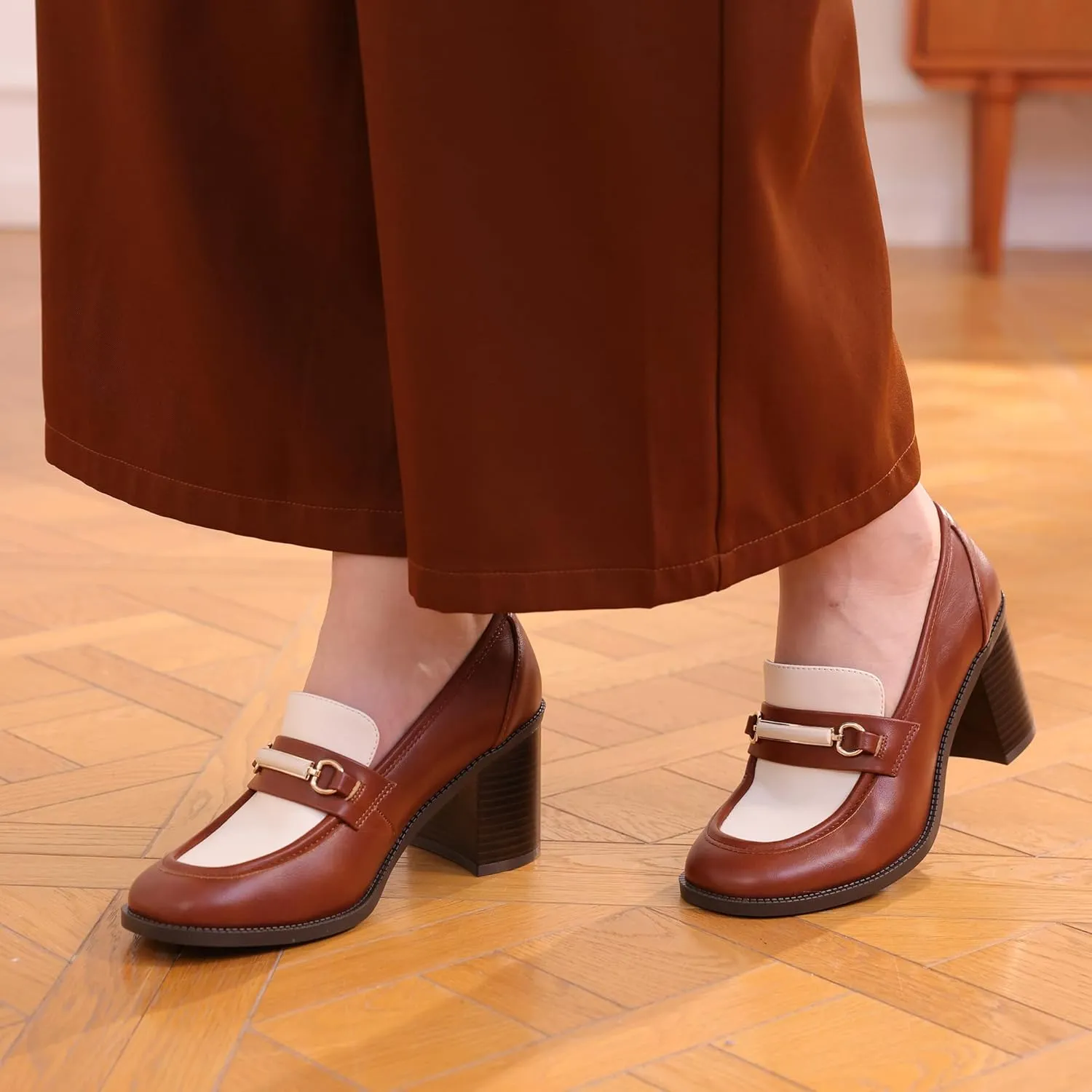 CosyFever Women's Loafer Pumps 3 Inch Block Chunky Heel Slip On Trendy Office Work Business Shoes for Dressy Casual Formal