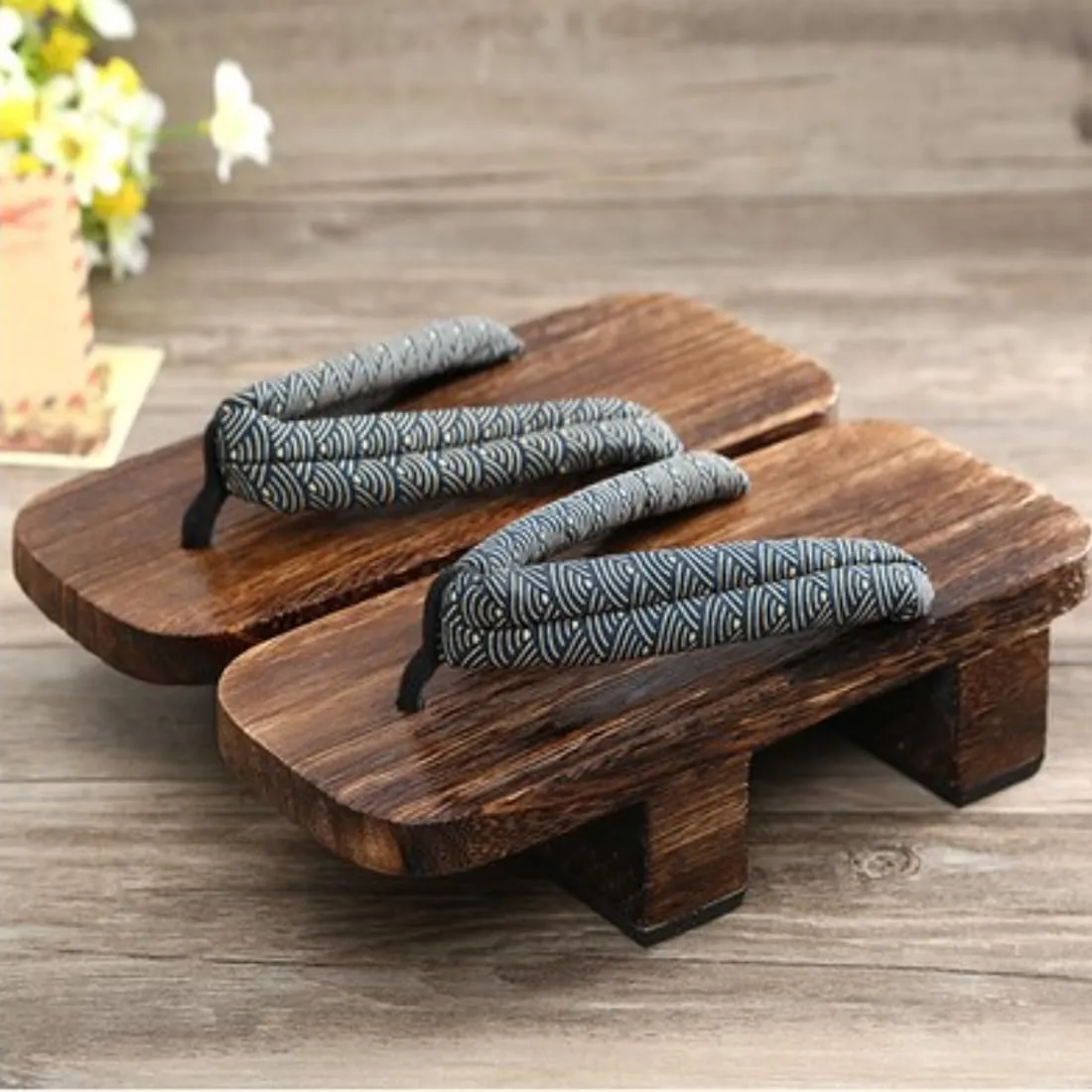Couple Print Japanese Wooden Summer Slippers Shoes Wooden Sandals Men Flip Flops Stage Performance