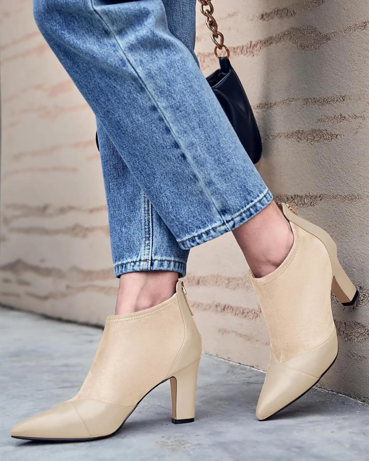 Coutgo Womens Ankle Booties Dress Boots Pointed Toe Stiletto High Heel Splicing Booties Shoes with Back Zipper