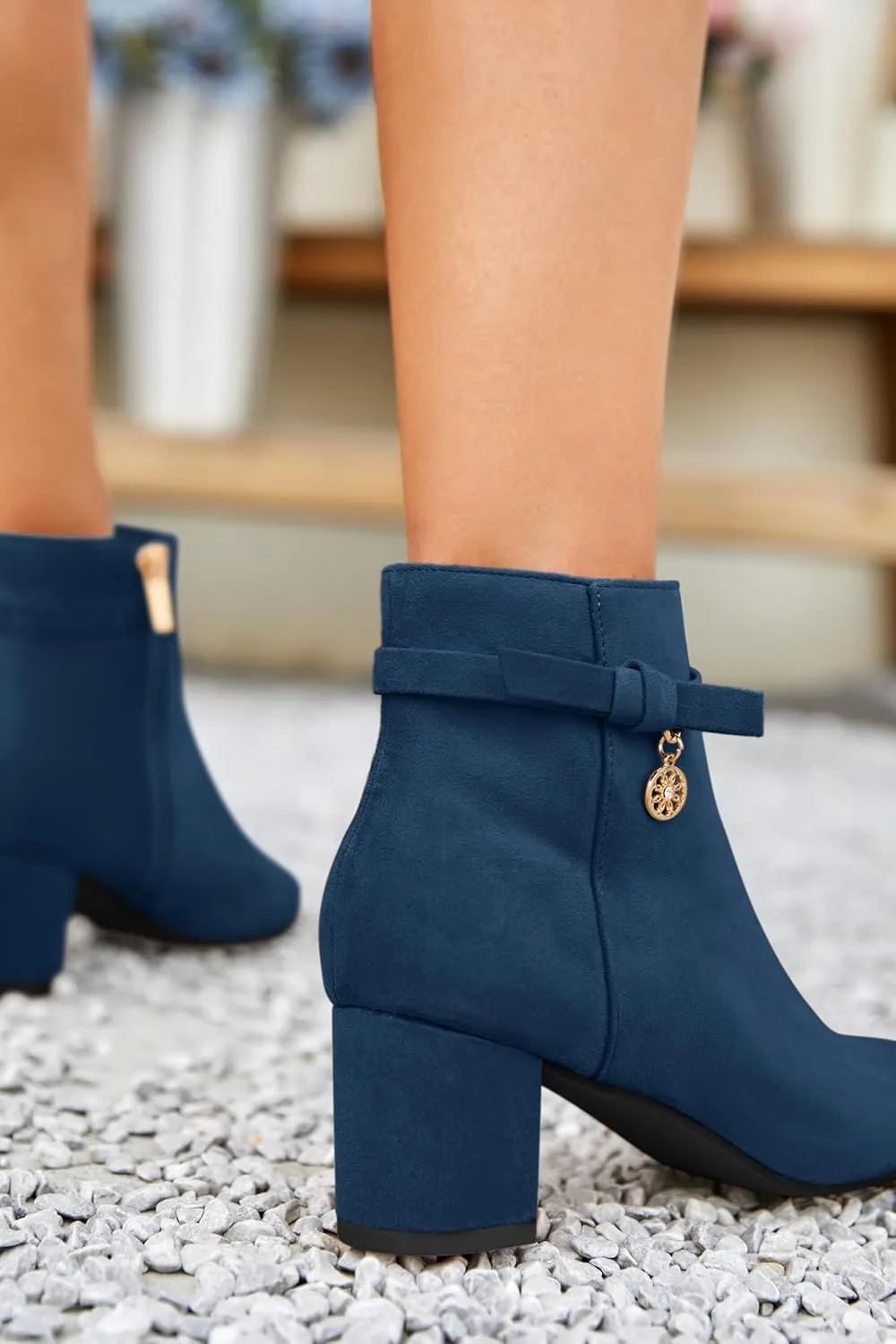 Coutgo Women's Ankle Boots Chunky Block Low Heel Vintage Tie Knot Booties Shoes with Side Zipper