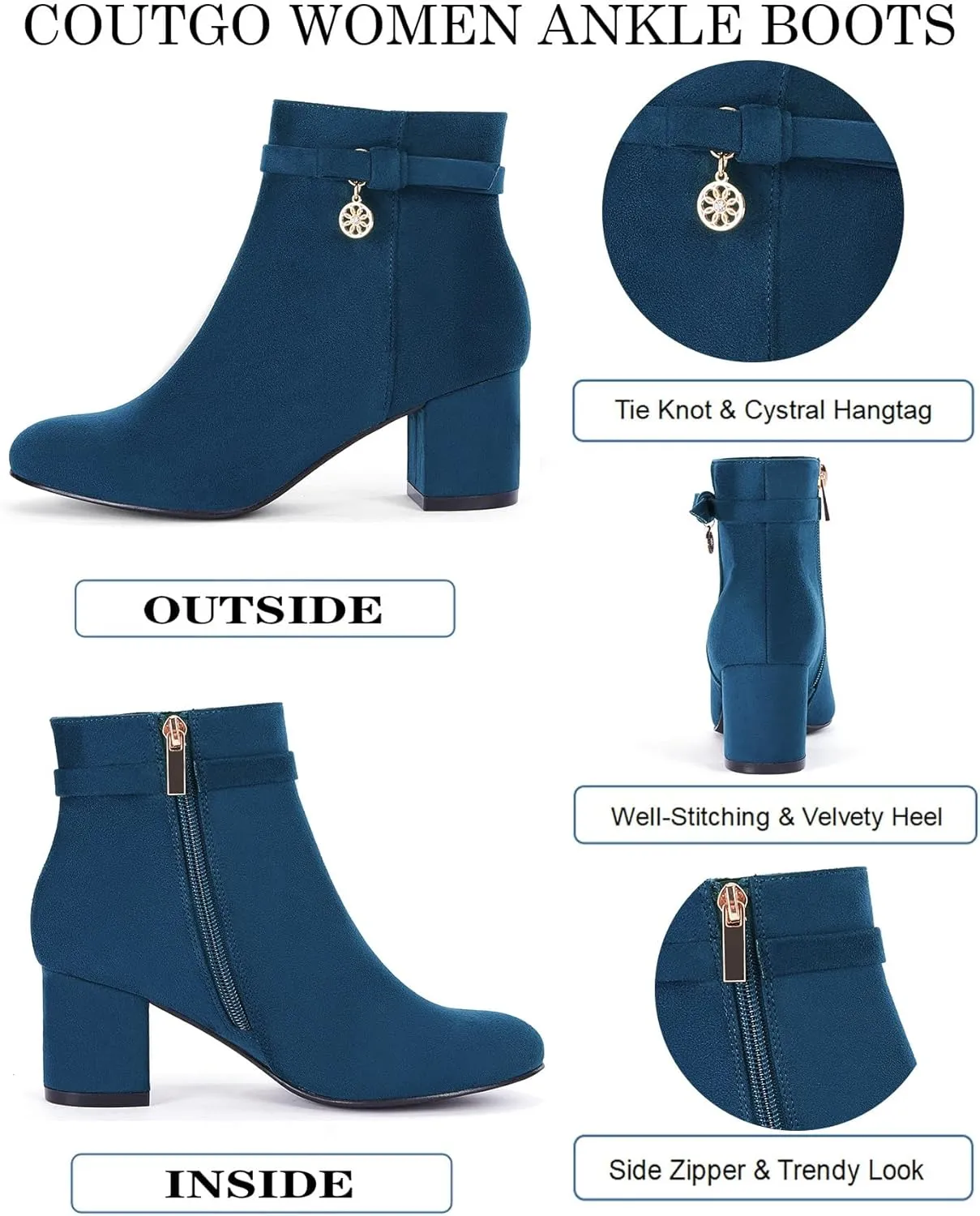 Coutgo Women's Ankle Boots Chunky Block Low Heel Vintage Tie Knot Booties Shoes with Side Zipper