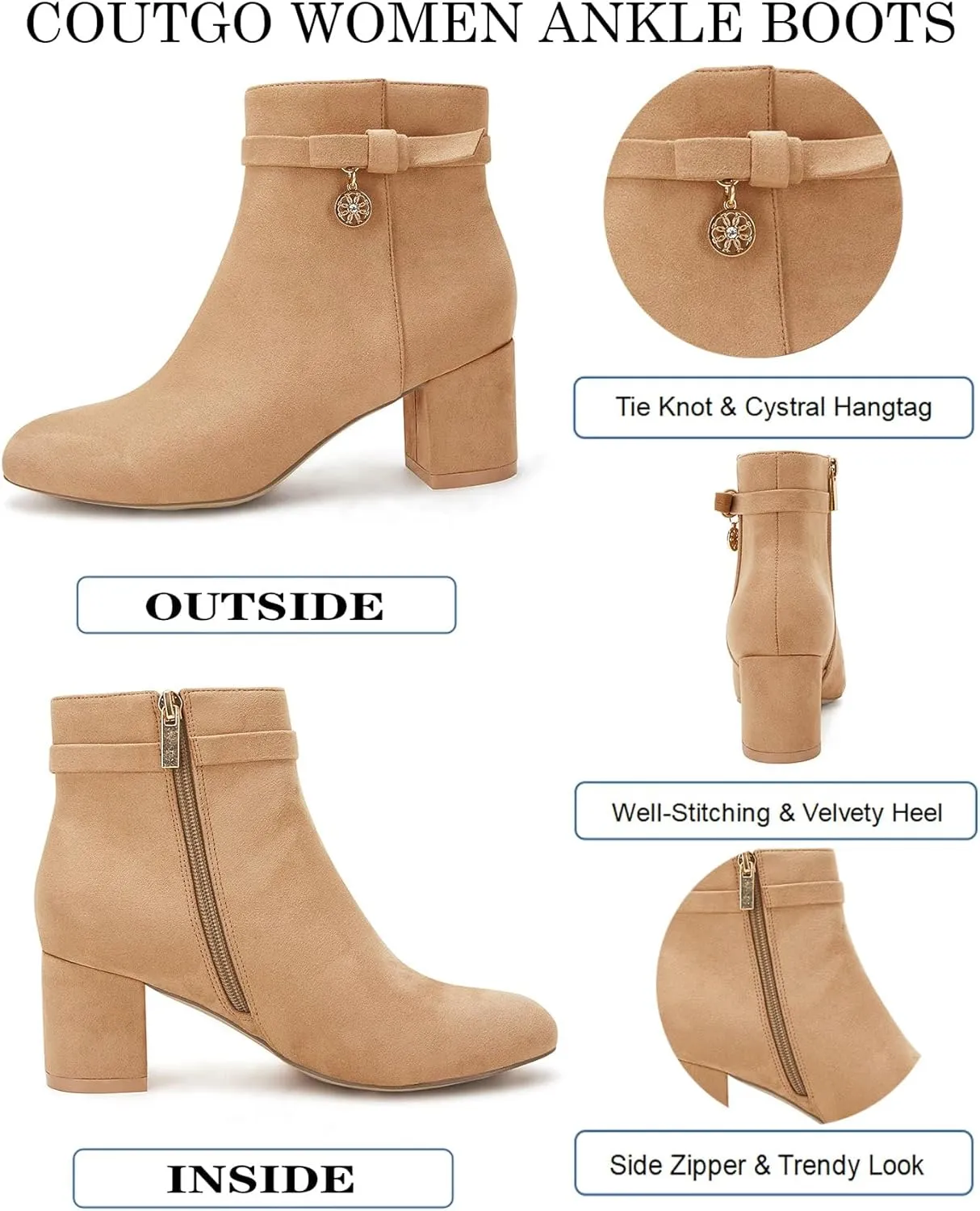 Coutgo Women's Ankle Boots Chunky Block Low Heel Vintage Tie Knot Booties Shoes with Side Zipper