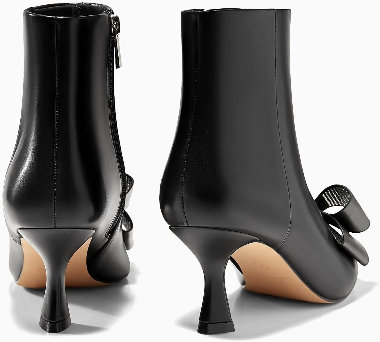 Coutgo Womens Low Kitten Heel Ankle Boots Rhinestone Bow Pointed Toe Side Zipper Dress Fall Booties Shoes