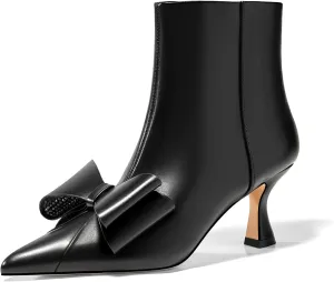 Coutgo Womens Low Kitten Heel Ankle Boots Rhinestone Bow Pointed Toe Side Zipper Dress Fall Booties Shoes