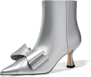 Coutgo Womens Low Kitten Heel Ankle Boots Rhinestone Bow Pointed Toe Side Zipper Dress Fall Booties Shoes