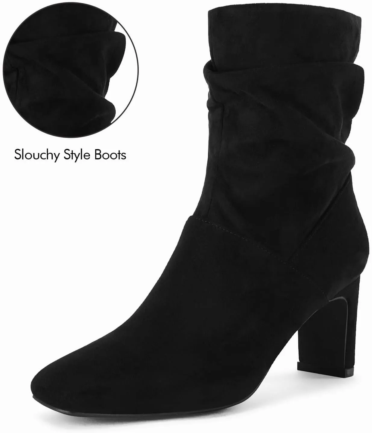 Coutgo Women's Slouch Mid Calf Boots Chunky Heel Square Toe Zip Up Fall Fashion Booties Shoes
