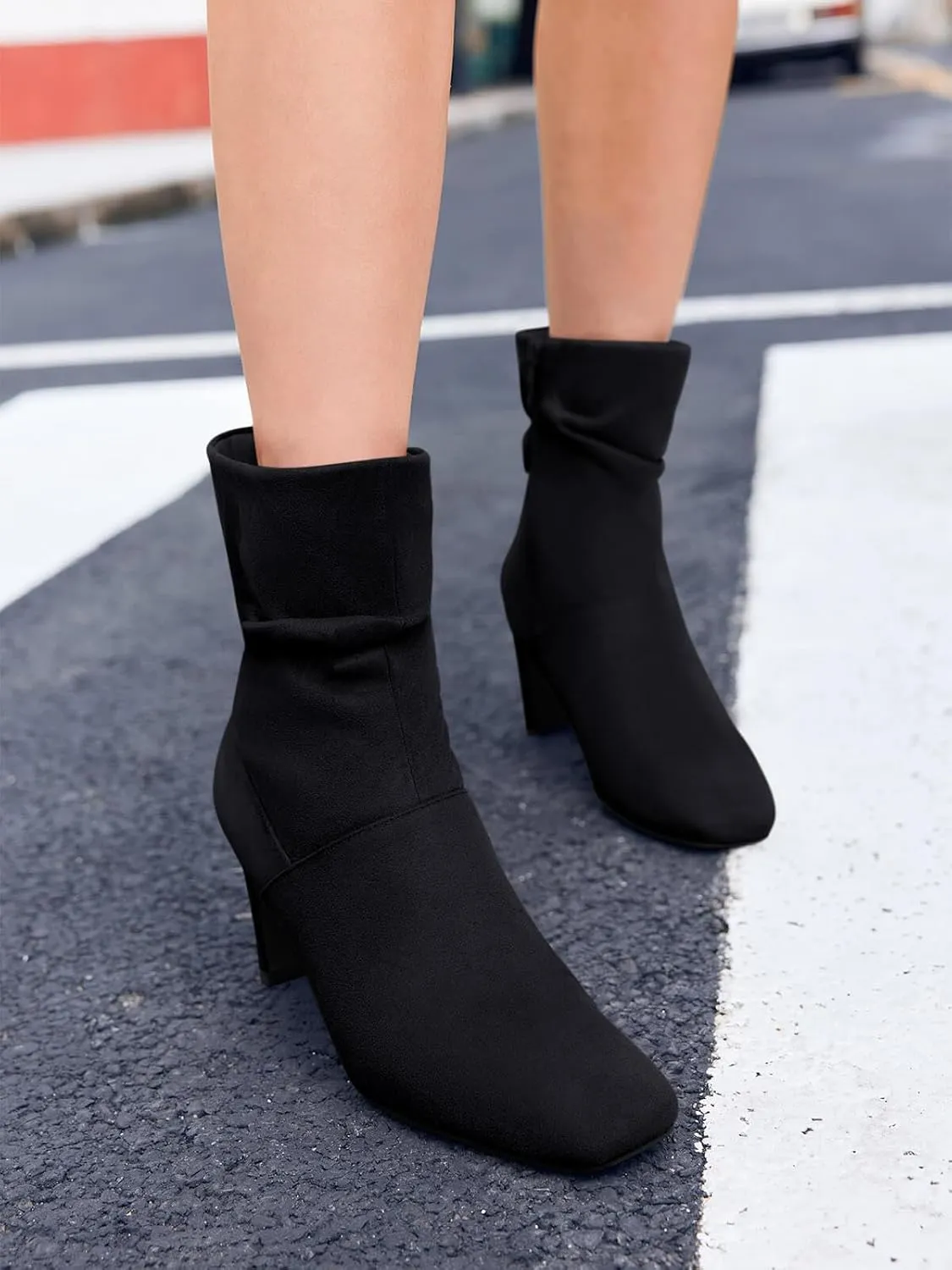 Coutgo Women's Slouch Mid Calf Boots Chunky Heel Square Toe Zip Up Fall Fashion Booties Shoes