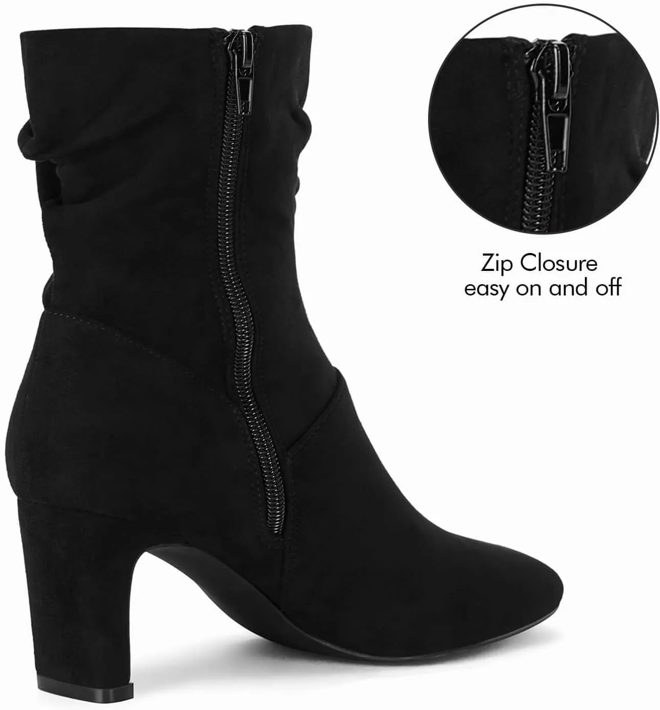 Coutgo Women's Slouch Mid Calf Boots Chunky Heel Square Toe Zip Up Fall Fashion Booties Shoes