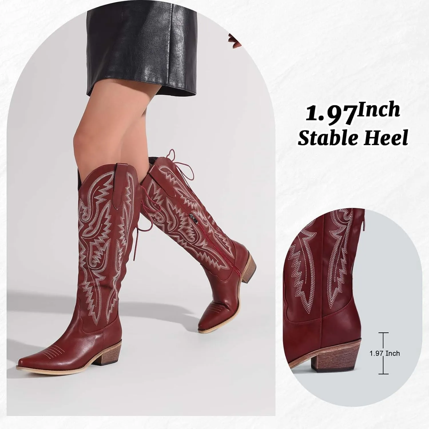 Cowboy Boots For Women Embroidered Wide Calf Boots With Back Lace Up Chunky Block Heels Pointed Toe Western Cowgirl Boot Comfortable Tall Boots for Prom Casual Trendy Shoes