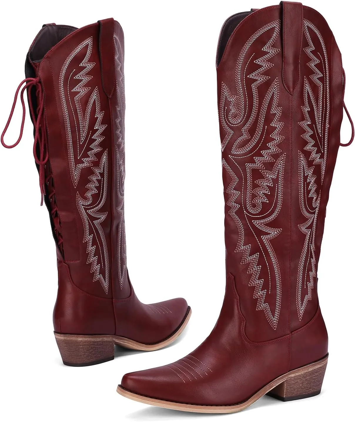 Cowboy Boots For Women Embroidered Wide Calf Boots With Back Lace Up Chunky Block Heels Pointed Toe Western Cowgirl Boot Comfortable Tall Boots for Prom Casual Trendy Shoes