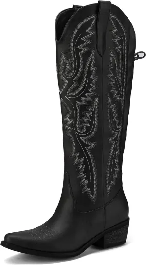 Cowboy Boots For Women Embroidered Wide Calf Boots With Back Lace Up Chunky Block Heels Pointed Toe Western Cowgirl Boot Comfortable Tall Boots for Prom Casual Trendy Shoes