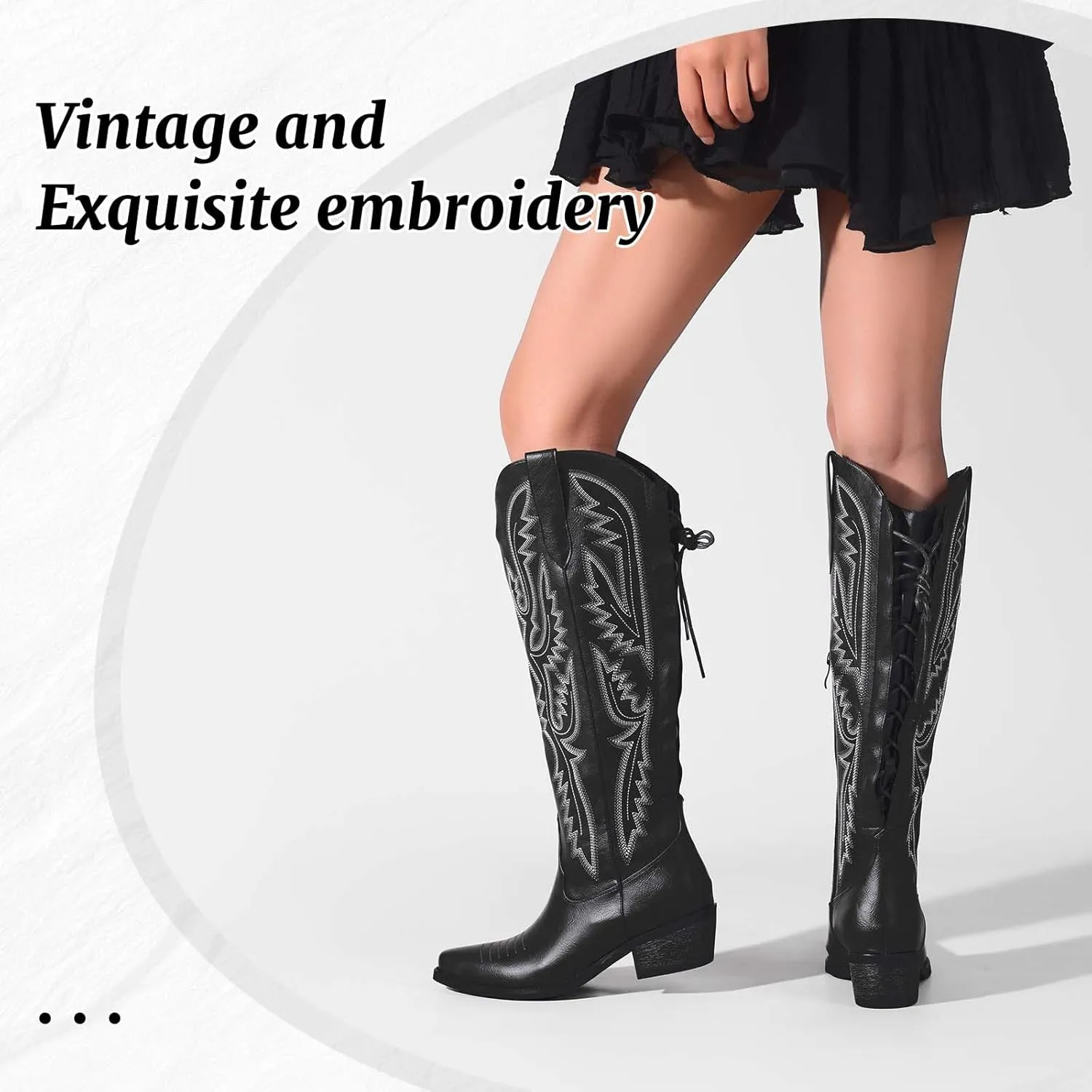 Cowboy Boots For Women Embroidered Wide Calf Boots With Back Lace Up Chunky Block Heels Pointed Toe Western Cowgirl Boot Comfortable Tall Boots for Prom Casual Trendy Shoes