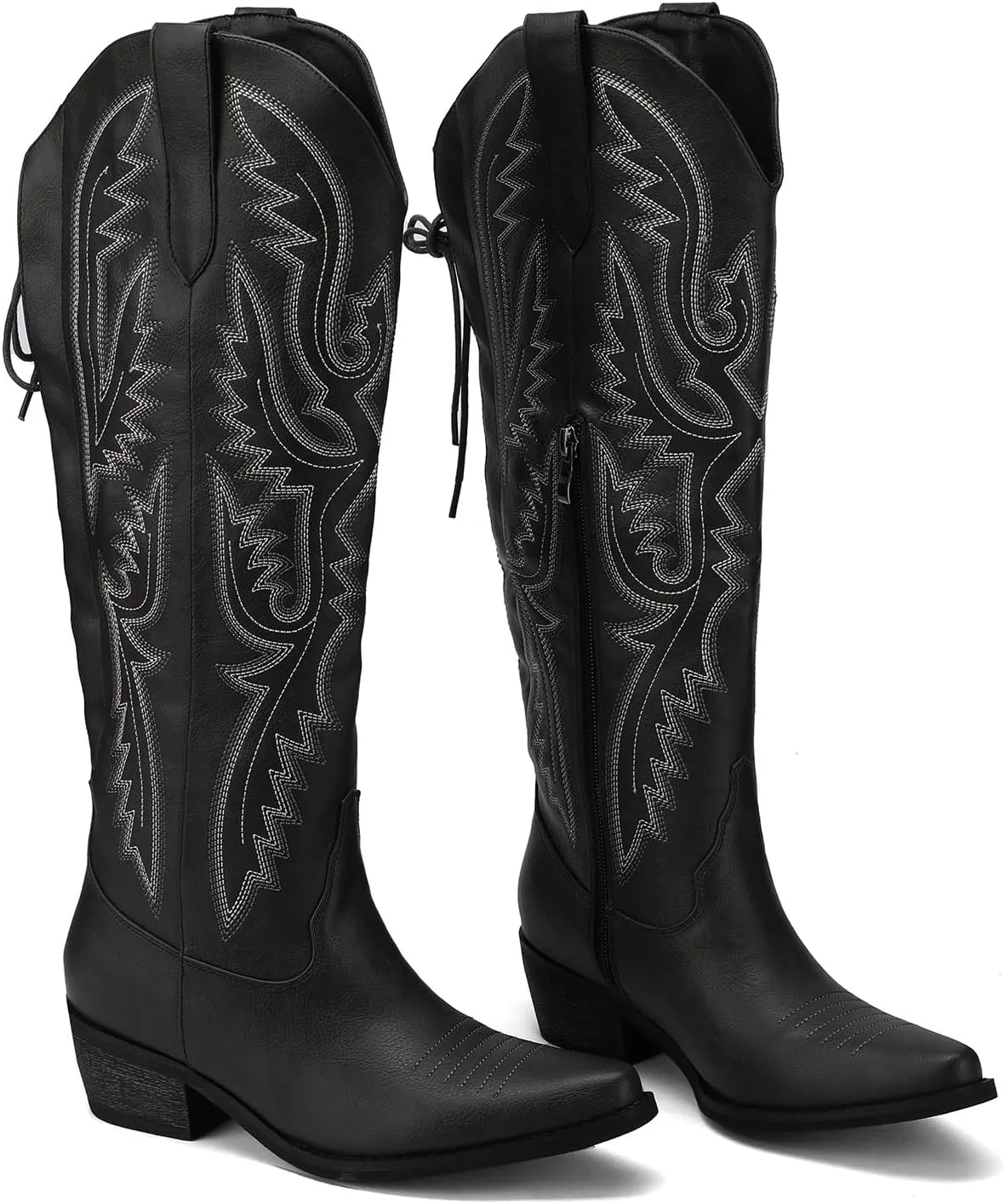 Cowboy Boots For Women Embroidered Wide Calf Boots With Back Lace Up Chunky Block Heels Pointed Toe Western Cowgirl Boot Comfortable Tall Boots for Prom Casual Trendy Shoes
