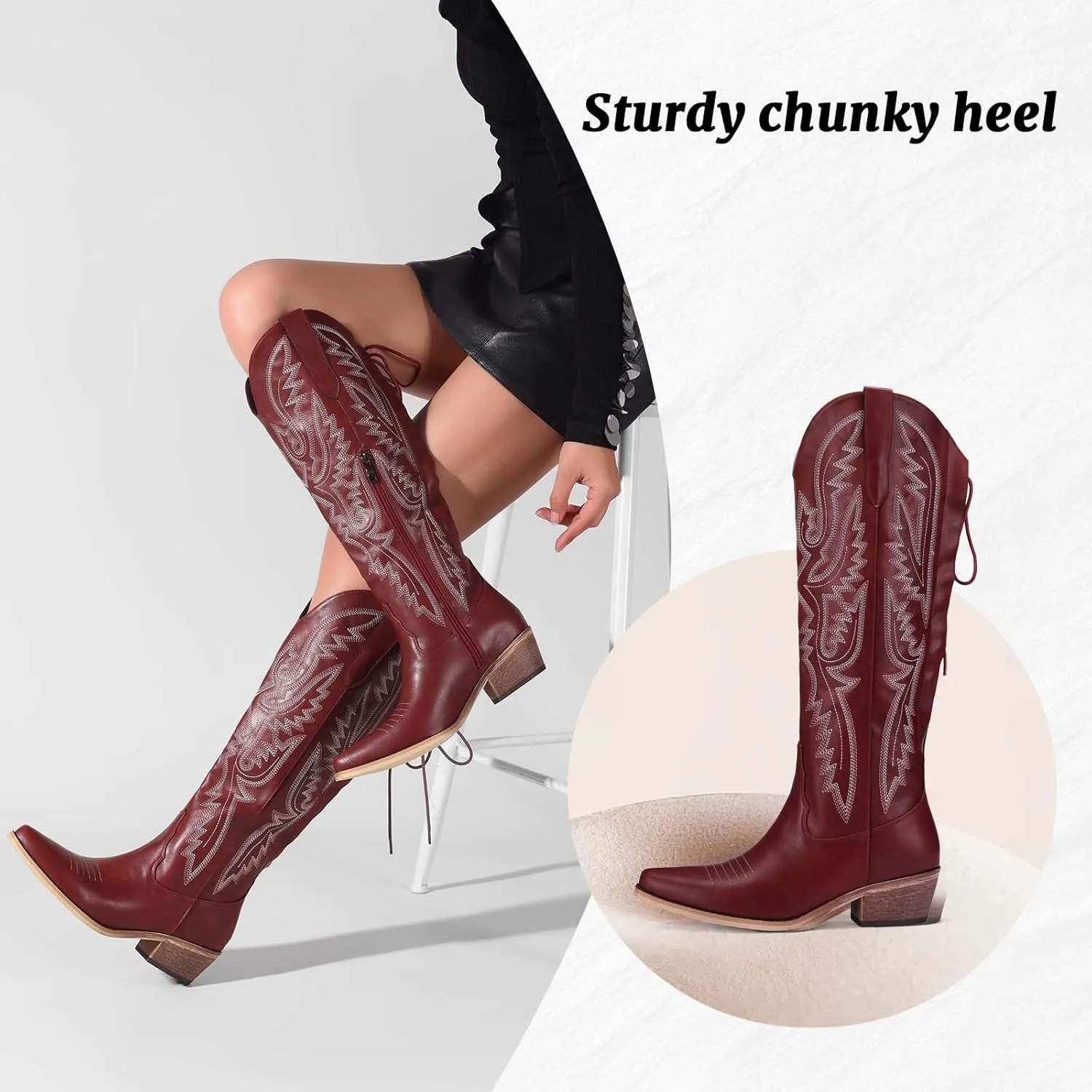 Cowboy Boots For Women Embroidered Wide Calf Boots With Back Lace Up Chunky Block Heels Pointed Toe Western Cowgirl Boot Comfortable Tall Boots for Prom Casual Trendy Shoes