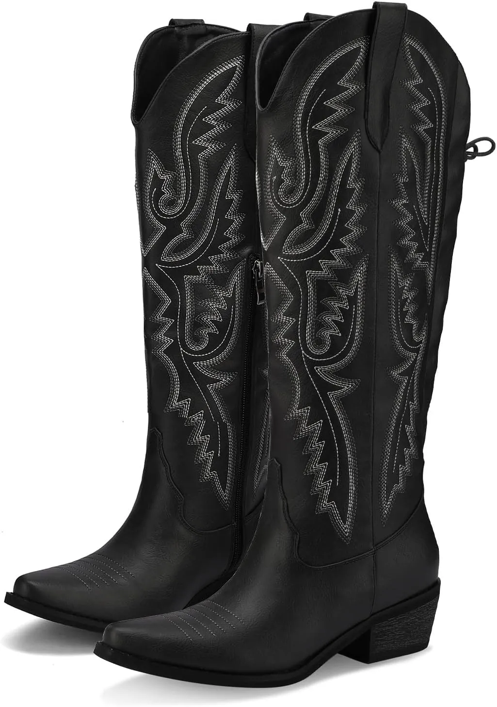 Cowboy Boots For Women Embroidered Wide Calf Boots With Back Lace Up Chunky Block Heels Pointed Toe Western Cowgirl Boot Comfortable Tall Boots for Prom Casual Trendy Shoes