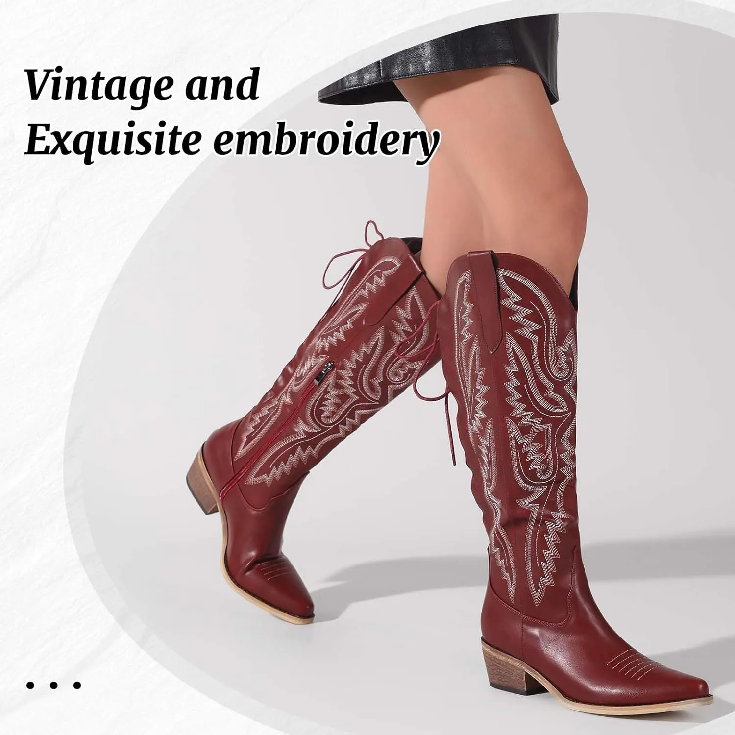 Cowboy Boots For Women Embroidered Wide Calf Boots With Back Lace Up Chunky Block Heels Pointed Toe Western Cowgirl Boot Comfortable Tall Boots for Prom Casual Trendy Shoes