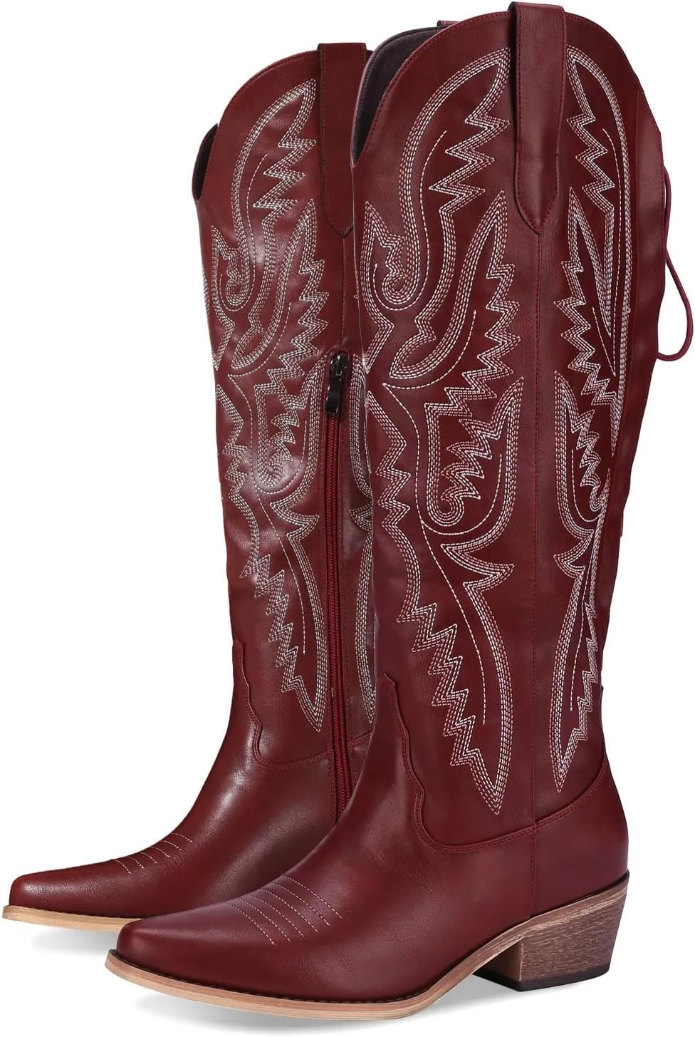 Cowboy Boots For Women Embroidered Wide Calf Boots With Back Lace Up Chunky Block Heels Pointed Toe Western Cowgirl Boot Comfortable Tall Boots for Prom Casual Trendy Shoes