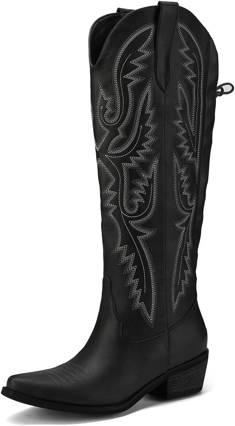 Cowboy Boots For Women Embroidered Wide Calf Boots With Back Lace Up Chunky Block Heels Pointed Toe Western Cowgirl Boot Comfortable Tall Boots for Prom Casual Trendy Shoes