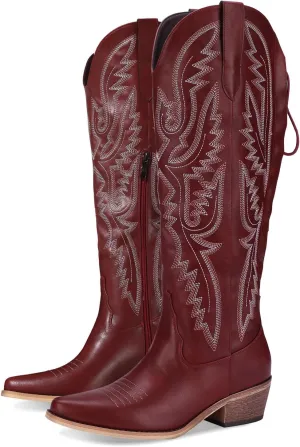 Cowboy Boots For Women Embroidered Wide Calf Boots With Back Lace Up Chunky Block Heels Pointed Toe Western Cowgirl Boot Comfortable Tall Boots for Prom Casual Trendy Shoes
