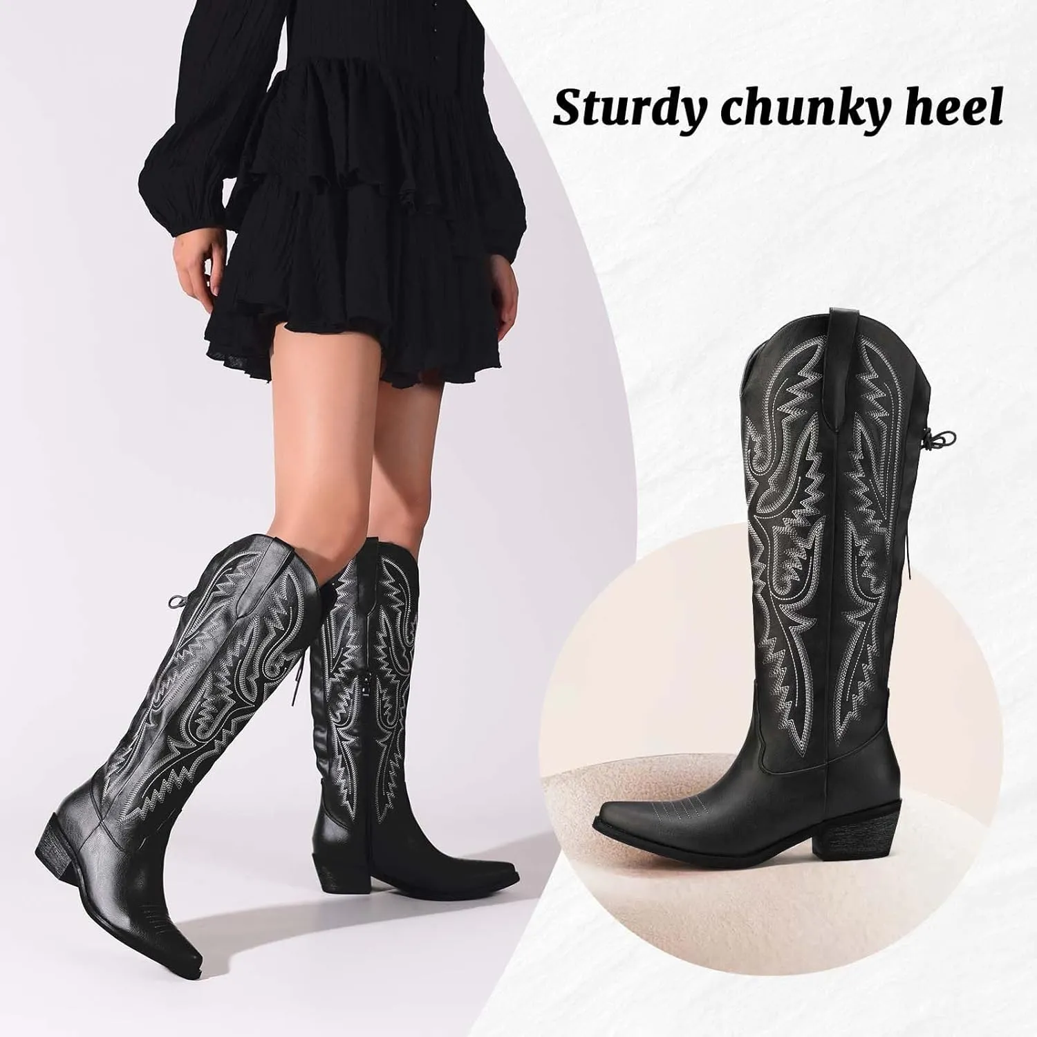 Cowboy Boots For Women Embroidered Wide Calf Boots With Back Lace Up Chunky Block Heels Pointed Toe Western Cowgirl Boot Comfortable Tall Boots for Prom Casual Trendy Shoes